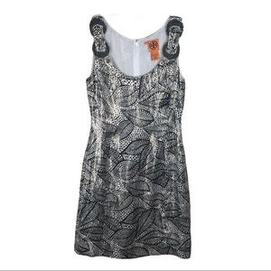 Tory Burch Metallic Black White Gold Leaf Dress Sz 6 • Silk Blend • Beaded